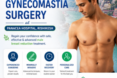 Advanced gynecomastia surgery in Rishikesh at Panacea Hospital featuring male breast reduction treatment, chest contouring surgery, minimally invasive cosmetic procedures, and expert surgical care.
