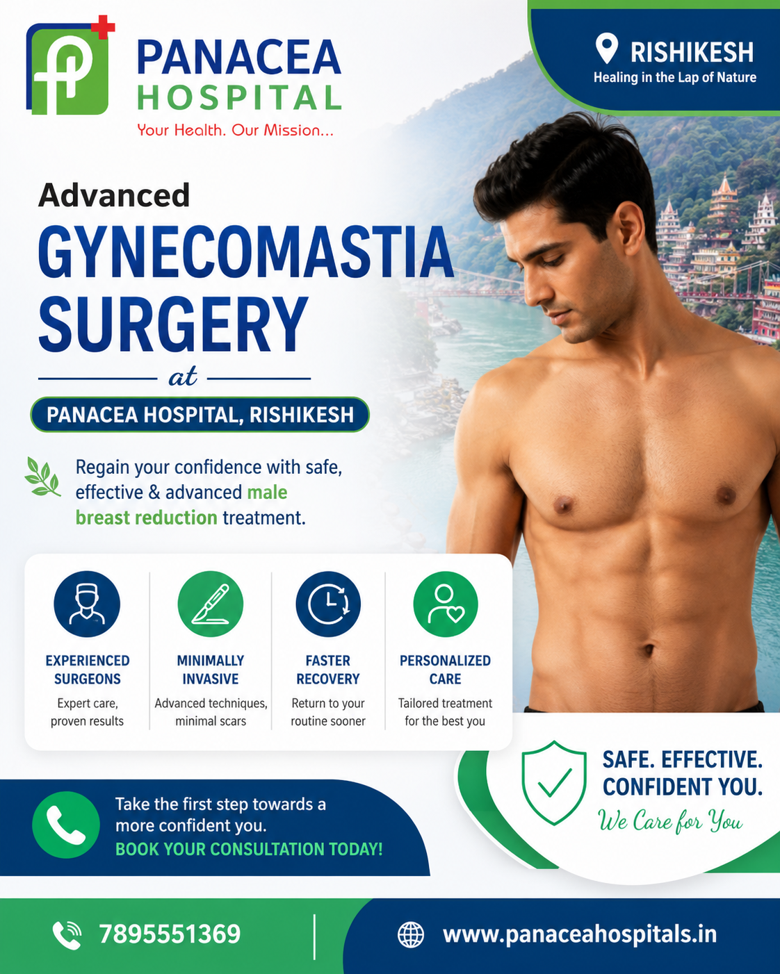 Advanced gynecomastia surgery in Rishikesh at Panacea Hospital featuring male breast reduction treatment, chest contouring surgery, minimally invasive cosmetic procedures, and expert surgical care.