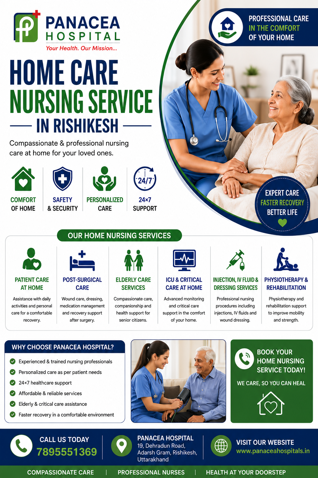 Professional home care nursing service in Rishikesh by Panacea Hospital featuring trained nurses providing elderly care, patient care at home, post-surgical support, ICU care, and healthcare assistance at home.